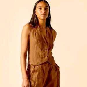 Casa Raki Abi Brown Button Waistcoat Halter Top in Organic Linen Sz Small $250